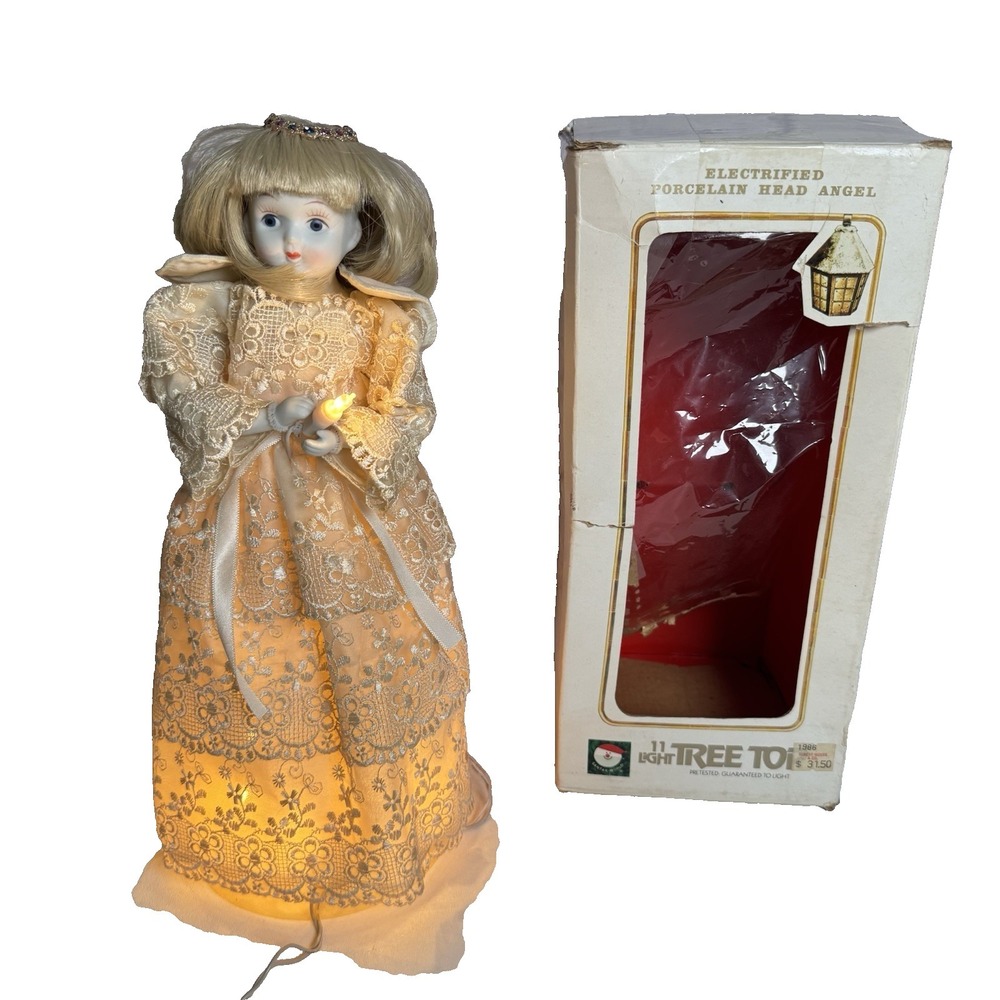 Vtg Santas World Electrified Fancy Porcelain Angel Lighted Christmas Tree Topper